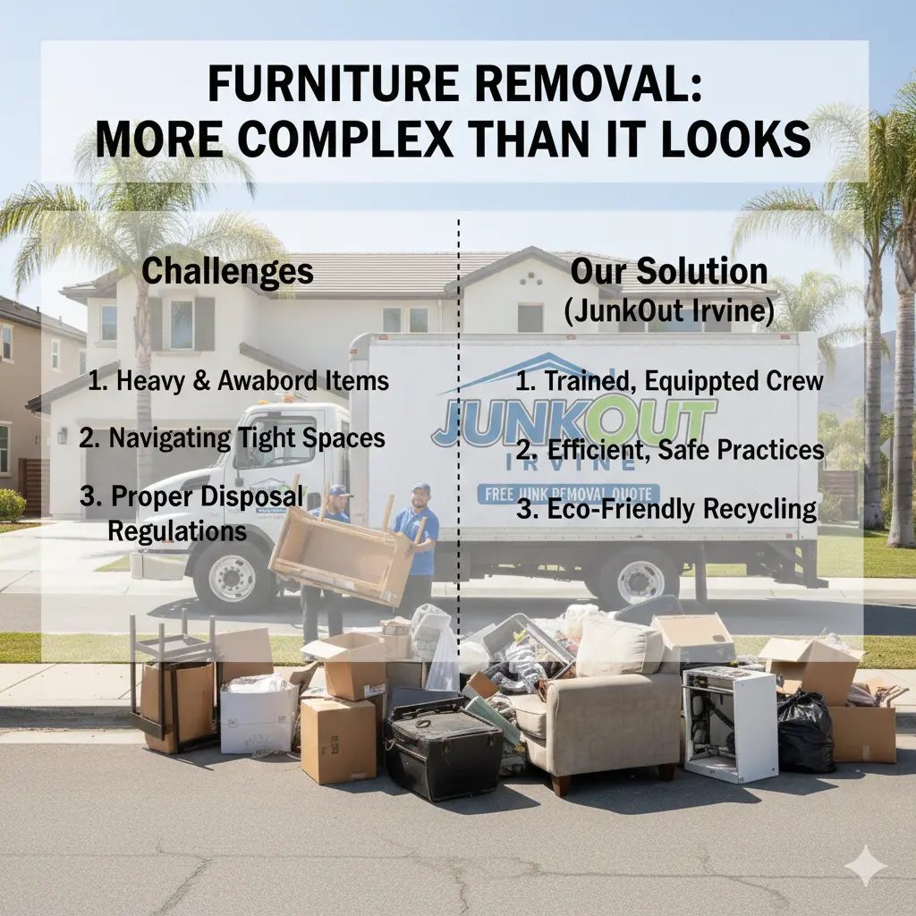 JunkOut crew navigating furniture removal from Irvine CA home stairwell