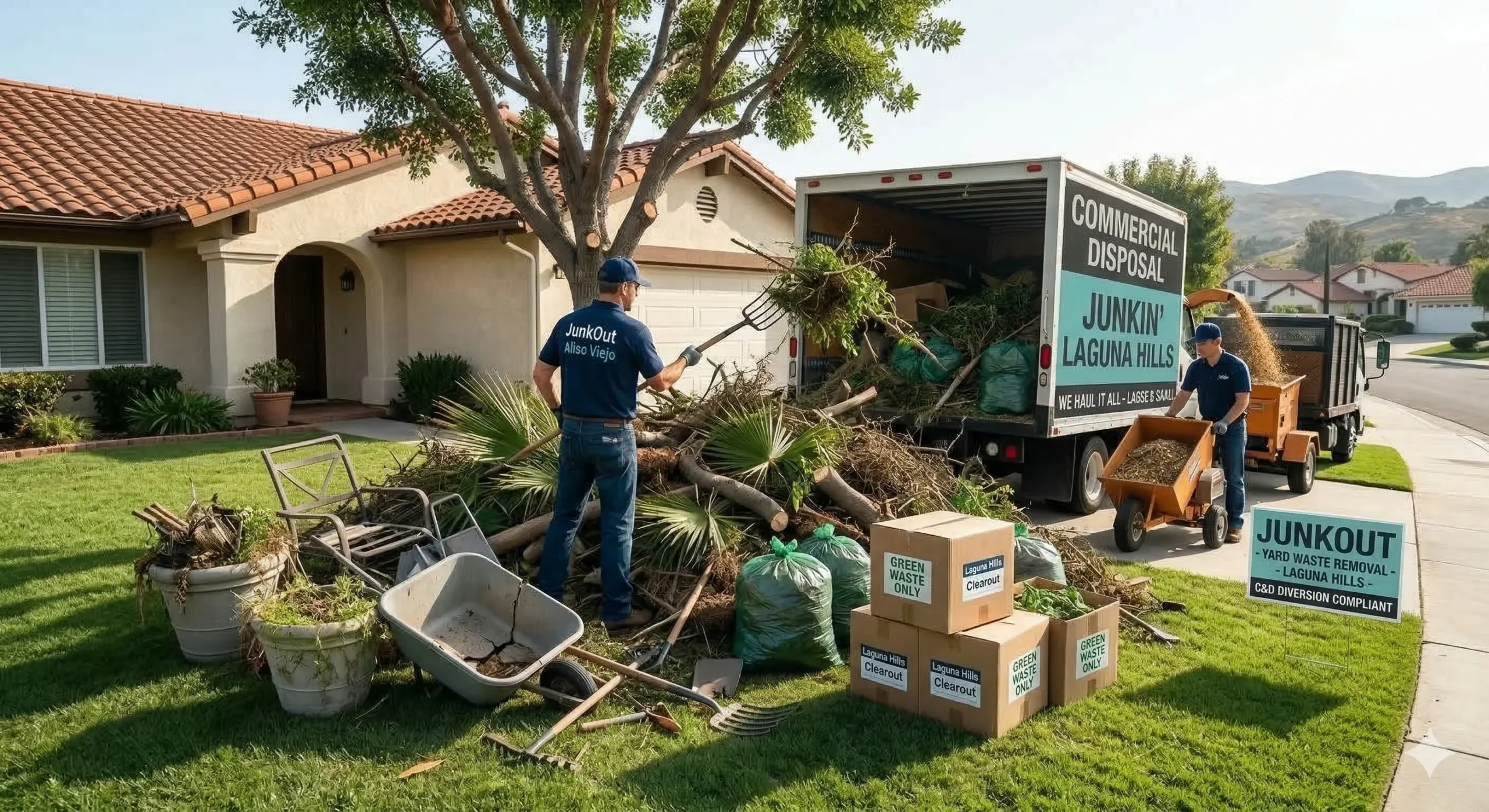 Professional junk removal crew working in Laguna Hills, California - JunkOut Irvine residential and commercial cleanouts