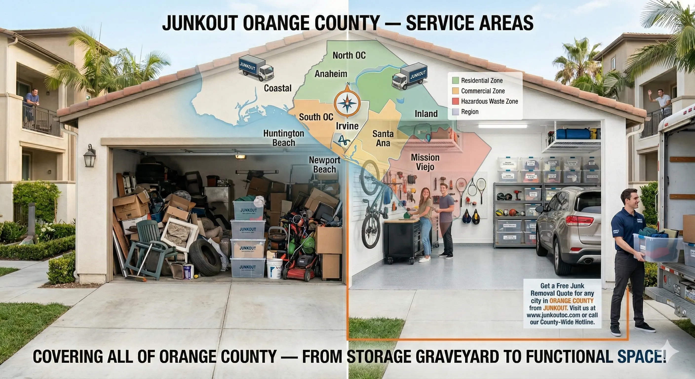 JunkOut Irvine service areas coverage map showing junk removal locations across Irvine and Orange County including Turtle Rock, Woodbridge, UCI, and surrounding cities